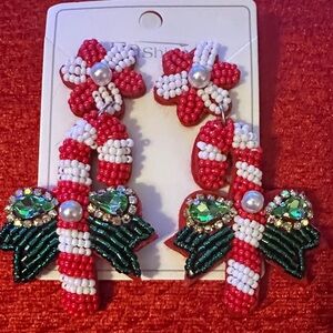 Festive Beaded Candy Cane Earrings w/green beads and rhinestones